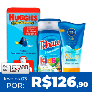 Kit Protetor Solar Infantil Nivea Sun Kids FPS60 150ml + Repelente Tchau Mosquido Kids 100ml + Fralda Huggies Little Swimmers G/XG 10 Unidades