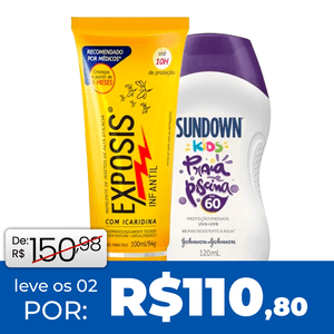 Kit Repelente Exposis Infantil Gel 100ml + Protetor Solas Infantil Sundown Kids Praia e Piscina FPS60 120ml