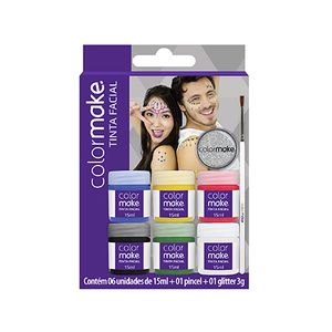 Kit Tinta Facial Colormake 15ml com Glitter 6 Cores e Pincel