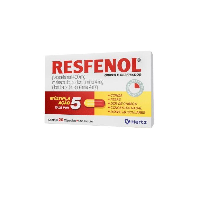 Antigripal, Analgésico, Antitérmico e Descongestionante  Resfenol 400mg + 4mg + 4mg 20 Cápsulas