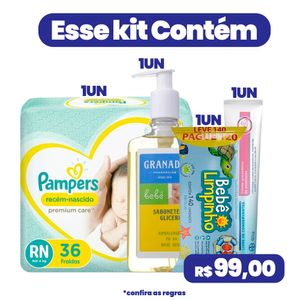 Kit Sabonete Líquido Infantil Granado 250ml + Fralda Pampers Premium Care RN 36Un + Toalhas Umedecidas Bebê Limpinho 140Un + Bepantol Baby 60g