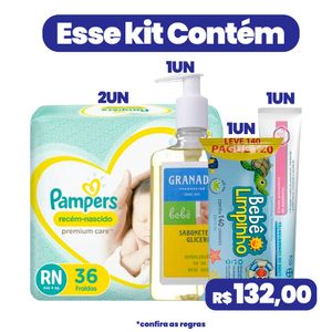 Kit Sabonete Líquido Infantil Granado 250ml + 2 Fralda Pampers Premium Care RN 36Un + Toalhas Umedecidas Bebê Limpinho + Bepantol Baby 60g