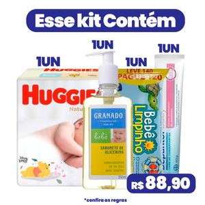 Kit Sabonete Líquido Granado 250ml + Fralda Huggies Narutal Care RN 34Un + Toalhas Umedecidas Bebê Limpinho 140Un + Bepantol Baby 60g