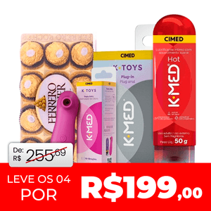 Kit Sensações e Prazer: Plug-In K-Toys + Vibrador e Mini Sugador K-Toys + K-Med Hot + Bombom Ferrero Rocher