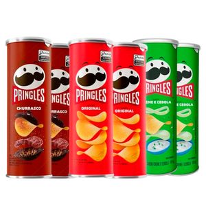 Kit Pringles Sabores em Dobro: 2 Pringles Original, 2 Pringles Cream Cebola e 2 Pringles Churrasco