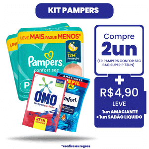 Kit Pampers: Compre 2Un Fralda Pampers Confortsec Bag Super P 72Un + R$ 4,90 Leve 1 Amaciante de Roupas Confort Intense + 1 Lava Roupas Omo Líquido