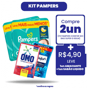 Kit Pampers: Compre 2Un Fralda Pampers Confortsec Bag Super G 60Un + R$ 4,90 Leve 1 Amaciante de Roupas Confort Intense + 1 Lava Roupas Omo Líquido