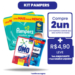 Kit Pampers: Compre 2Un Fralda Pampers Confortsec Bag Super XG 54Un + R$ 4,90 Leve 1 Amaciante de Roupas Confort Intense + 1 Lava Roupas Omo Líquido