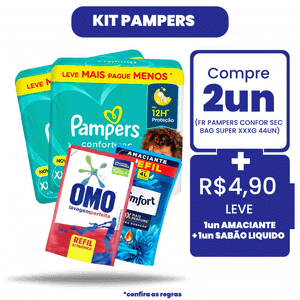 Kit Pampers: Compre 2Un Fralda Pampers Confortsec Bag Super XXXG 44Un + R$ 4,90 Leve 1 Amaciante de Roupas Confort Intense + 1 Lava Roupas Omo Líquido