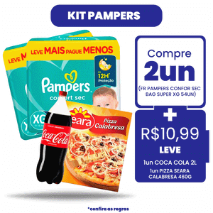 Kit Pampers: Compre 2Un Fralda Pampers Confortsec Bag Super XG 54Un + R$ 10,99 Leve 1 Pizza Seara Calabresa + Coca Cola 2L