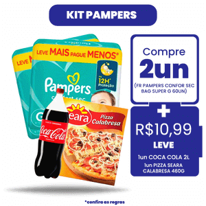 Kit Pampers: Compre 2Un Fralda Pampers Confortsec Bag Super G 60Un + R$ 10,99 Leve 1 Pizza Seara Calabresa + Coca Cola 2L