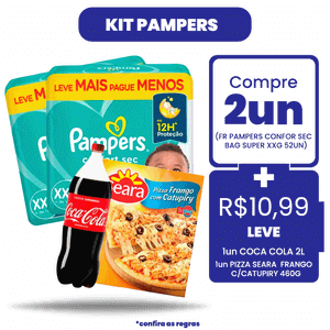 Kit Pampers: Compre 2Un Fralda Pampers Confortsec Bag Super XXG 52Un + R$ 10,99 Leve 1 Pizza Seara Frango C/Catupiry + Coca Cola 2L