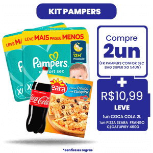 Kit Pampers: Compre 2Un Fralda Pampers Confortsec Bag Super XG 54Un + R$ 10,99 Leve 1 Pizza Seara Frango C/Catupiry + Coca Cola 2L