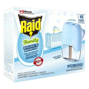 Kit Inseticida Aparelho+Repelente Elétrico Líquido 45 Noites Raid Family 32,9ml