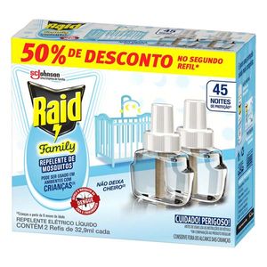 Repelente Elétrico Líquido 45 Noites Raid Family com 2 Unidades 32,9ml