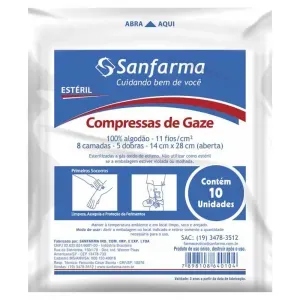 Compressa de Gaze Estéril Sanfarma 7,5cm x 7,5cm 11 Fios 10 Unidades