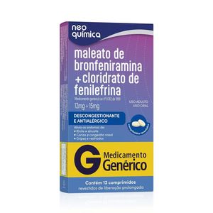 Maleato de Bronfeniramina 12mg + Cloridrato de Fenilefrina 15mg 12 Comprimidos Revestidos Genérico N
